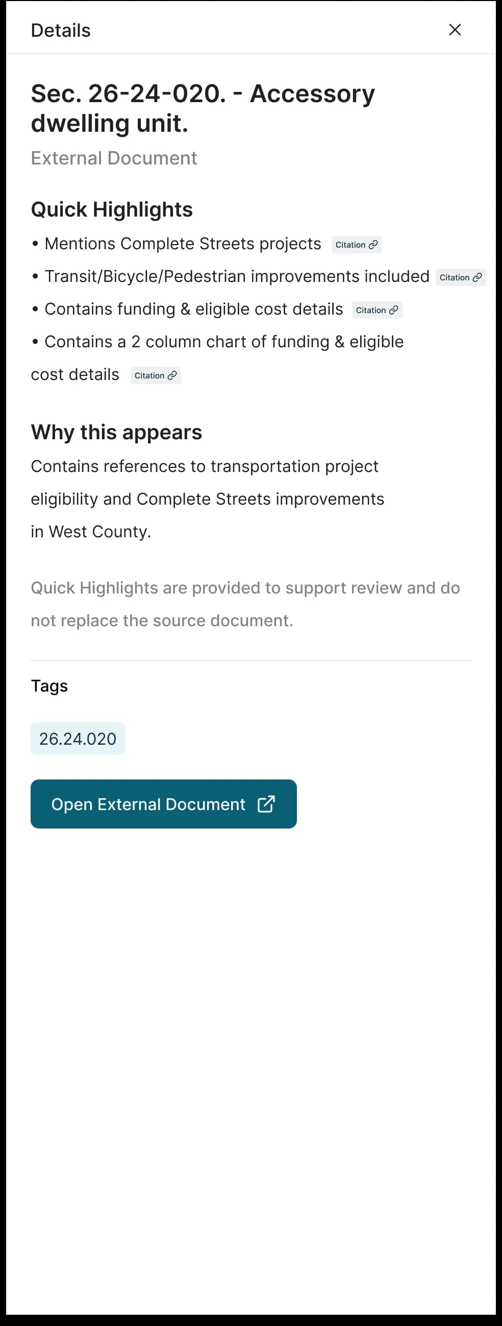 Side drawer for an external document, showing Quick Highlights with citation links and a note that highlights don't replace the source