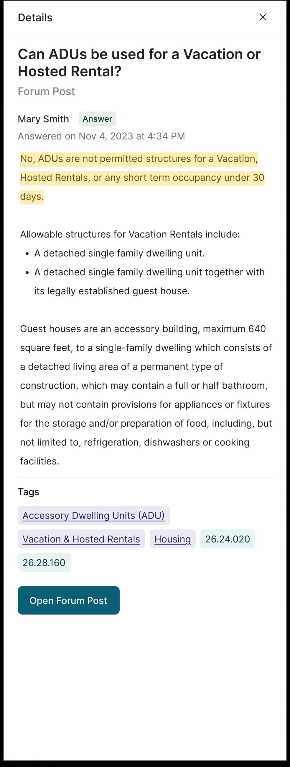 Reworked side drawer for a forum post, with the verified answer highlighted and metadata separated from the content