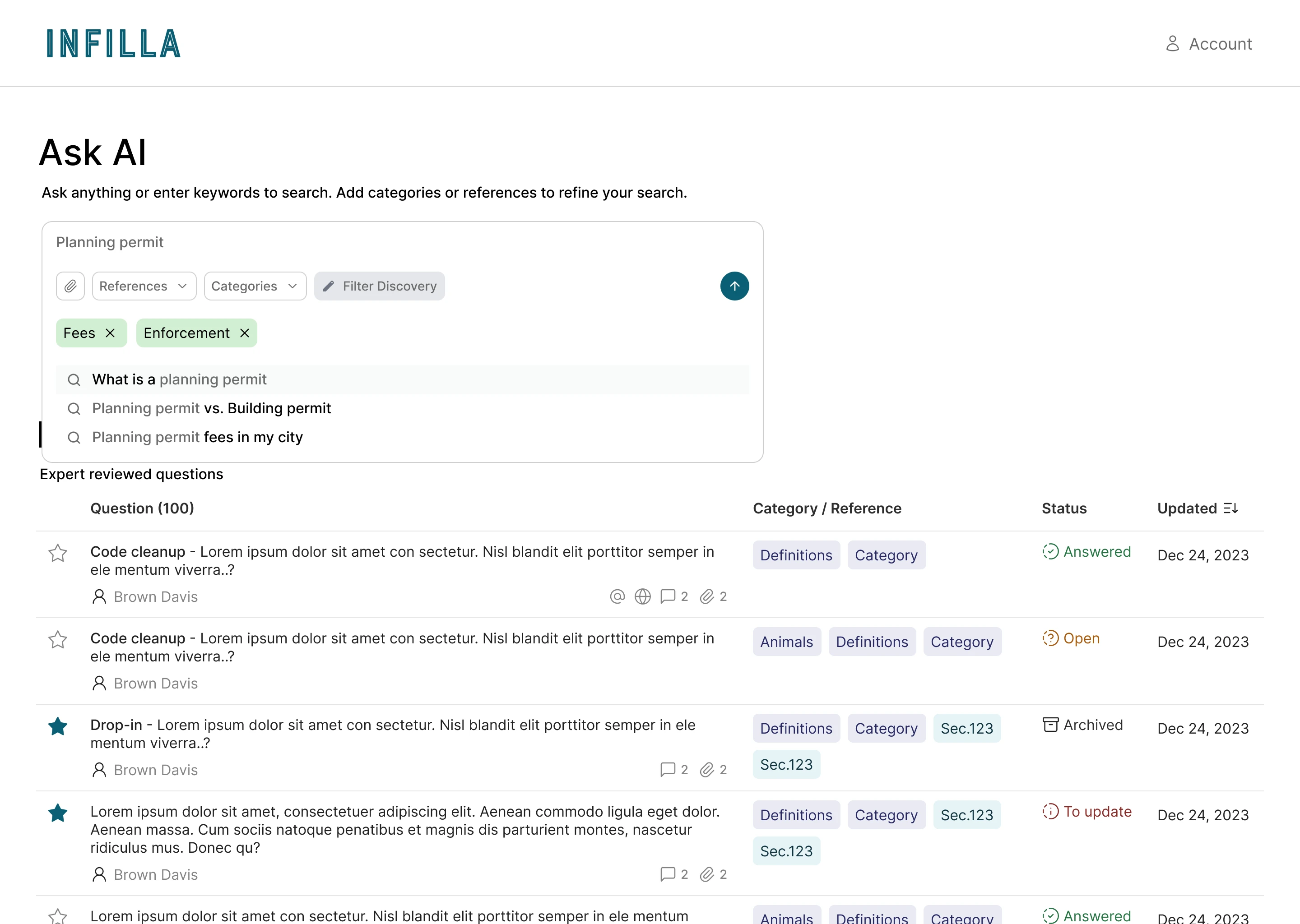 Early Ask AI concept: a chat-style search page with suggested questions and category chips
