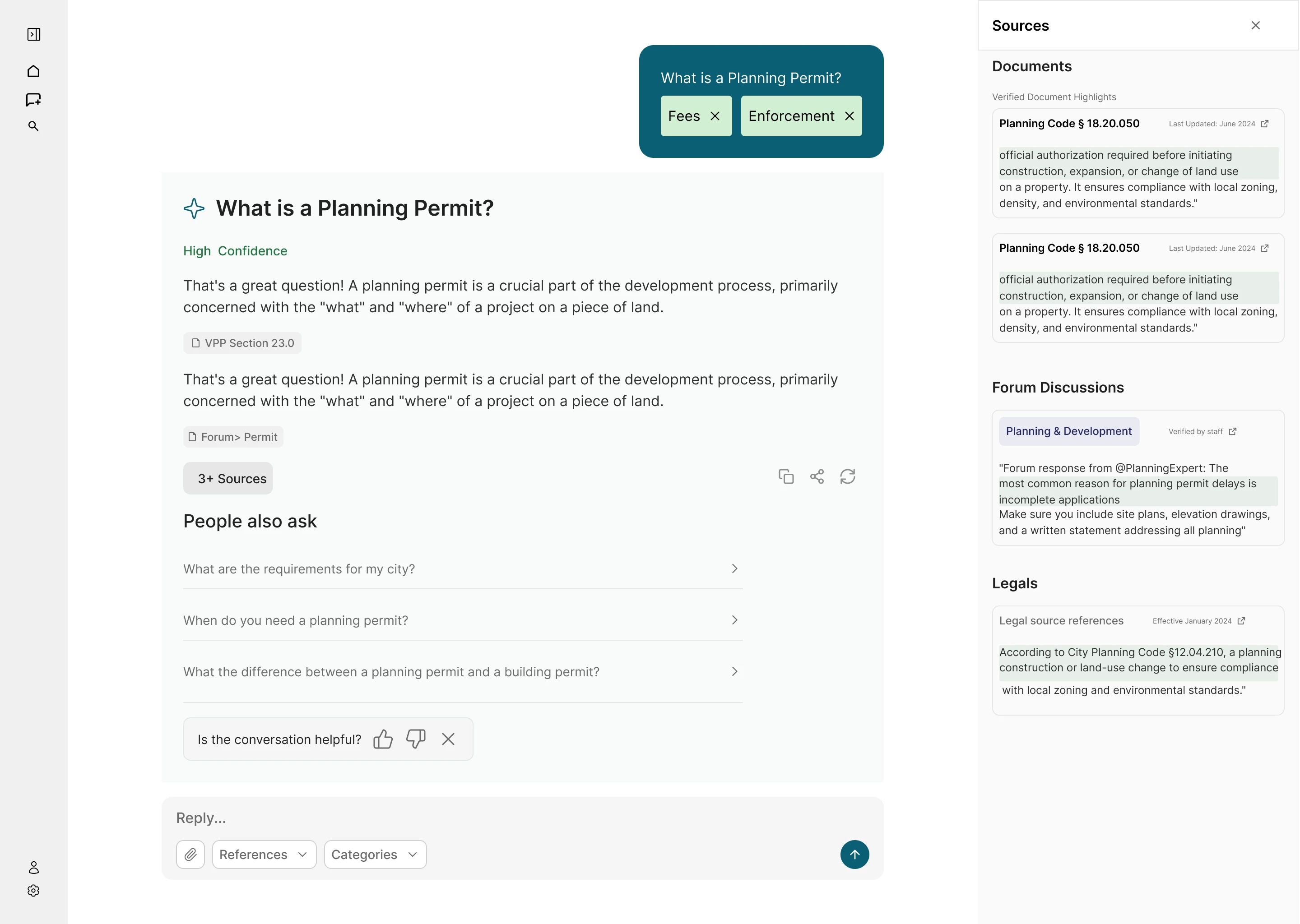 Early chatbot concept: an AI answer with a confidence label and a sources panel alongside