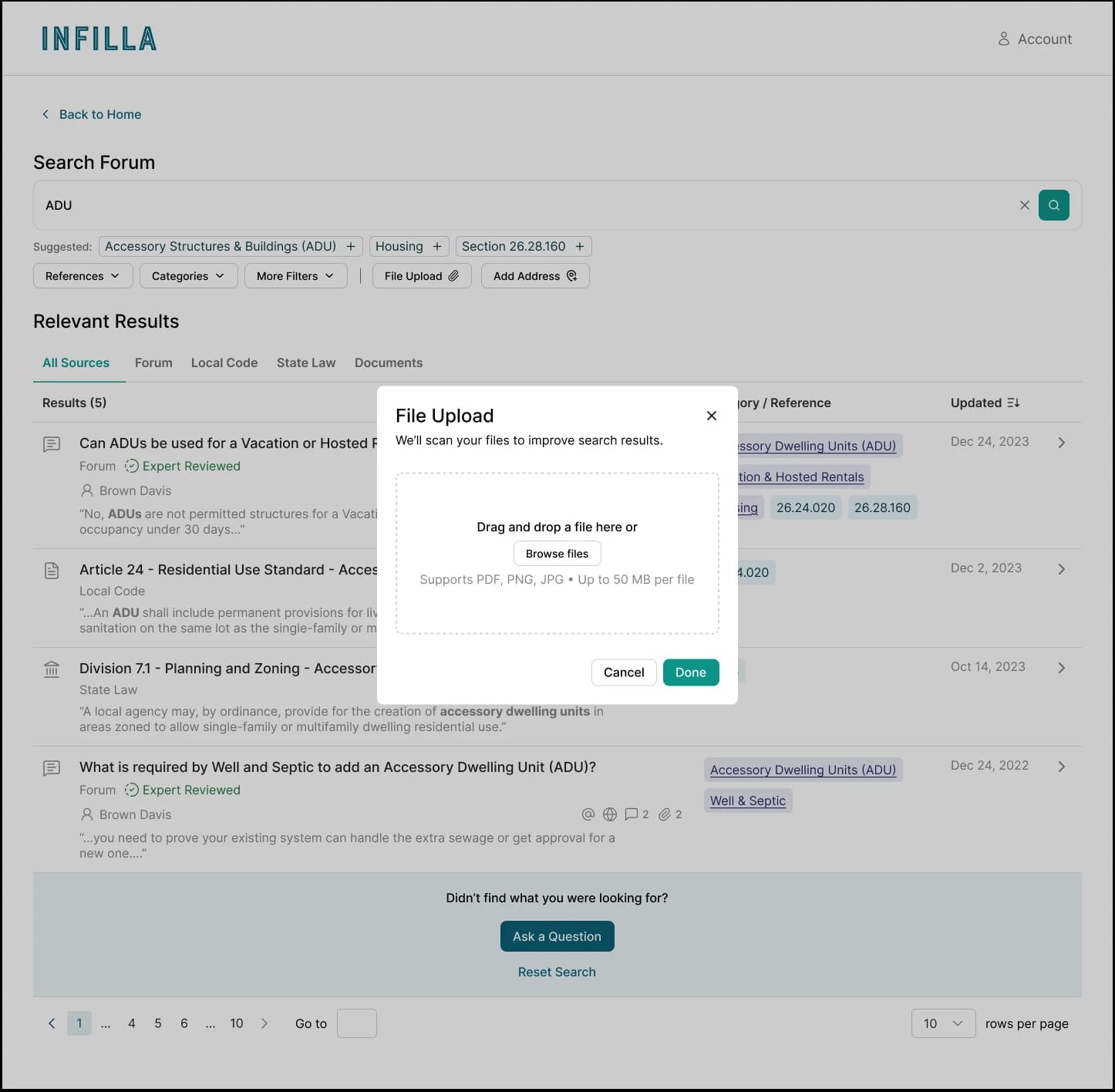 The file upload modal over the search results, one of the new features that confused testers at first