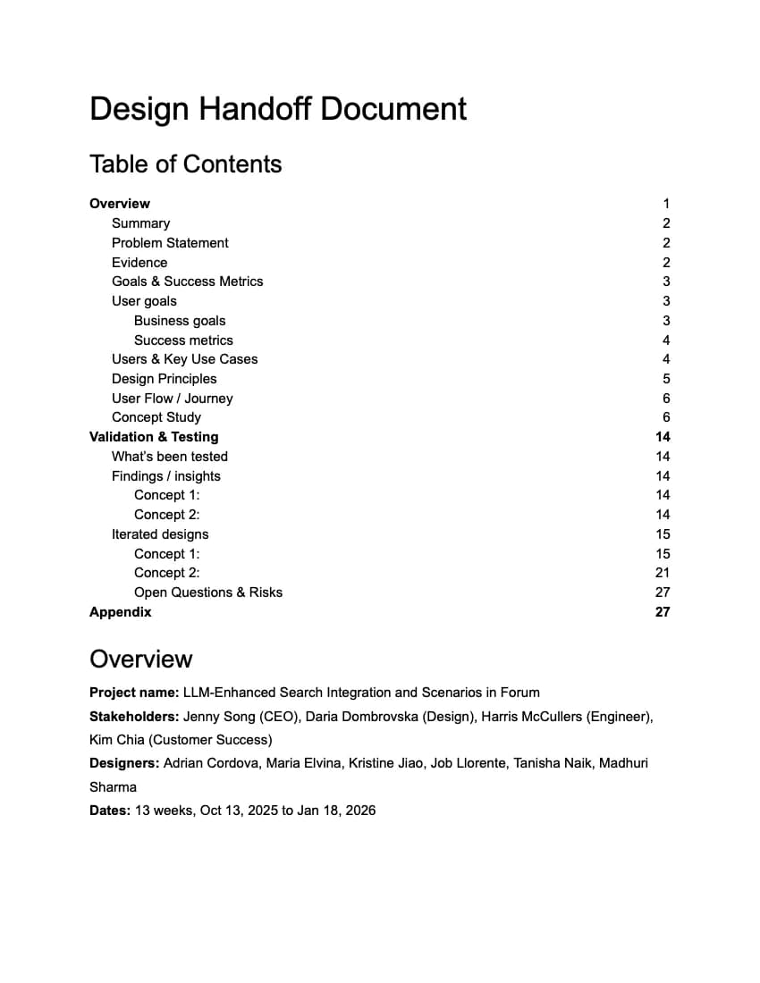 Table of contents of the design handoff document, covering overview, validation and testing, and appendix