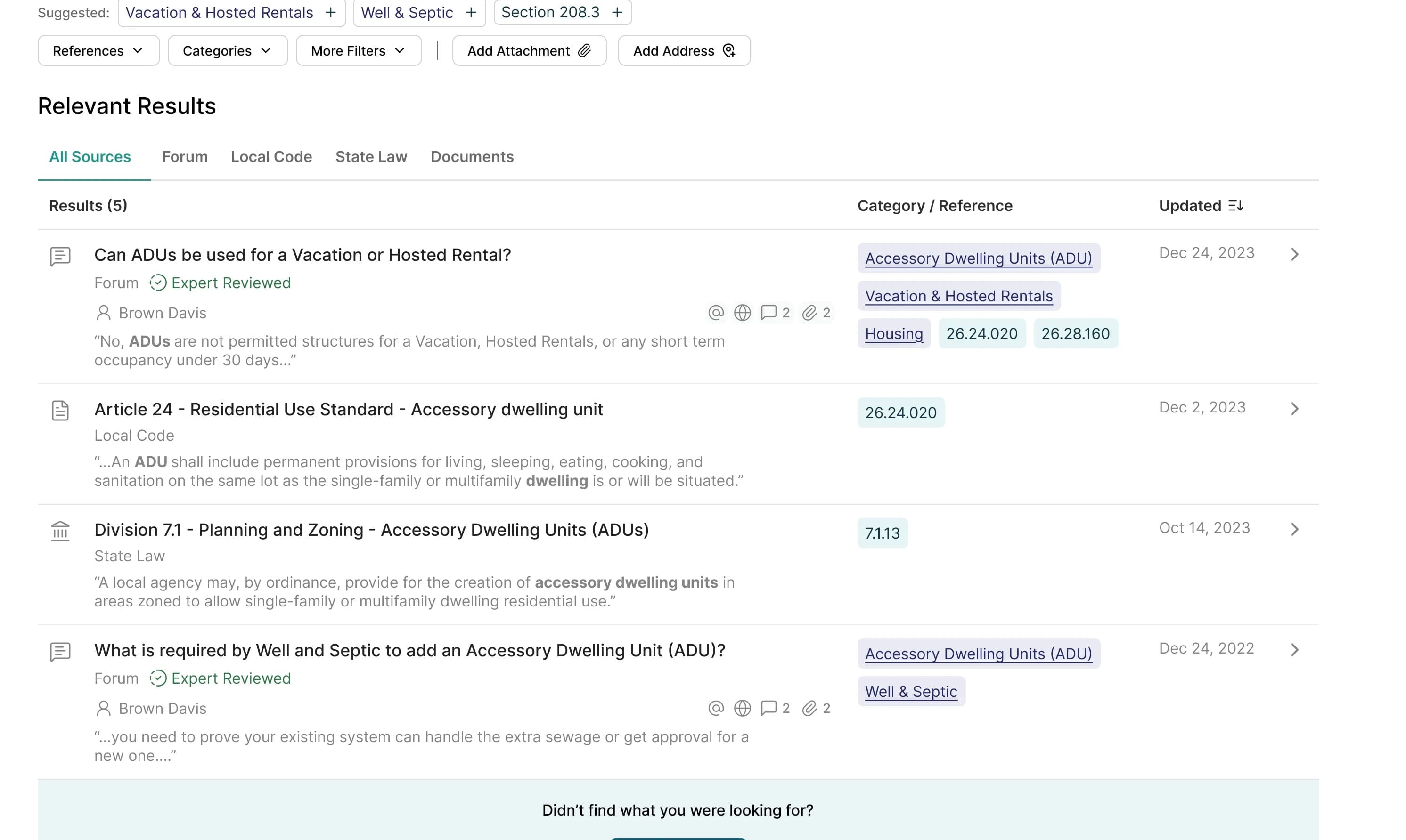 New search results: documents surfaced alongside forum posts under All Sources tabs, with matching text highlighted