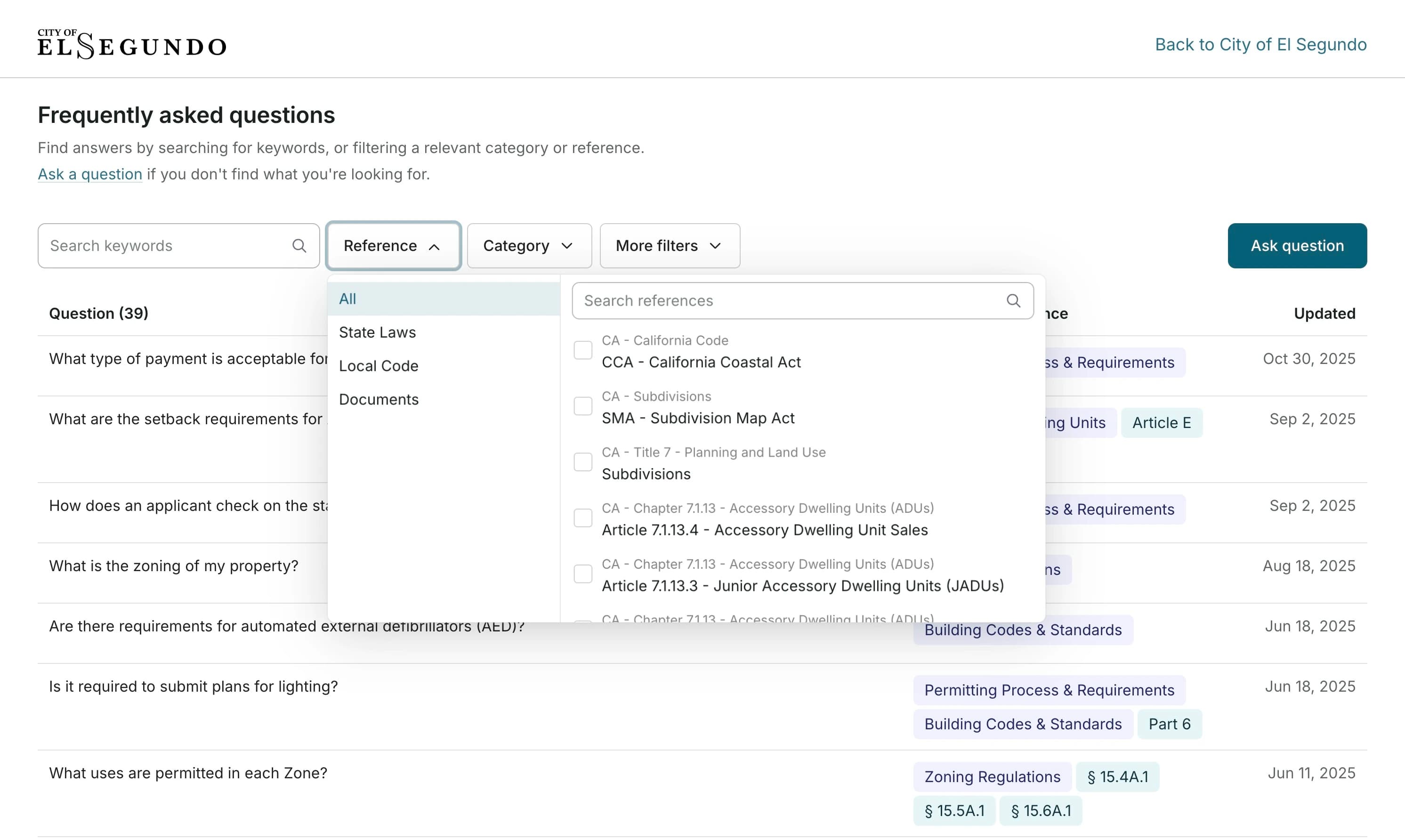 Old search results: a questions-only list, with documents hidden behind a Reference filter dropdown